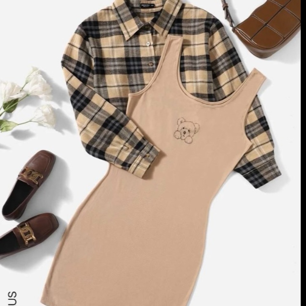 Plaid Blouse & Bear Print Bodycon Dress